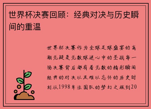 世界杯决赛回顾：经典对决与历史瞬间的重温
