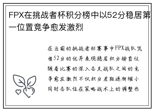 FPX在挑战者杯积分榜中以52分稳居第一位置竞争愈发激烈