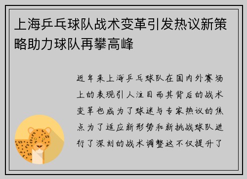 上海乒乓球队战术变革引发热议新策略助力球队再攀高峰